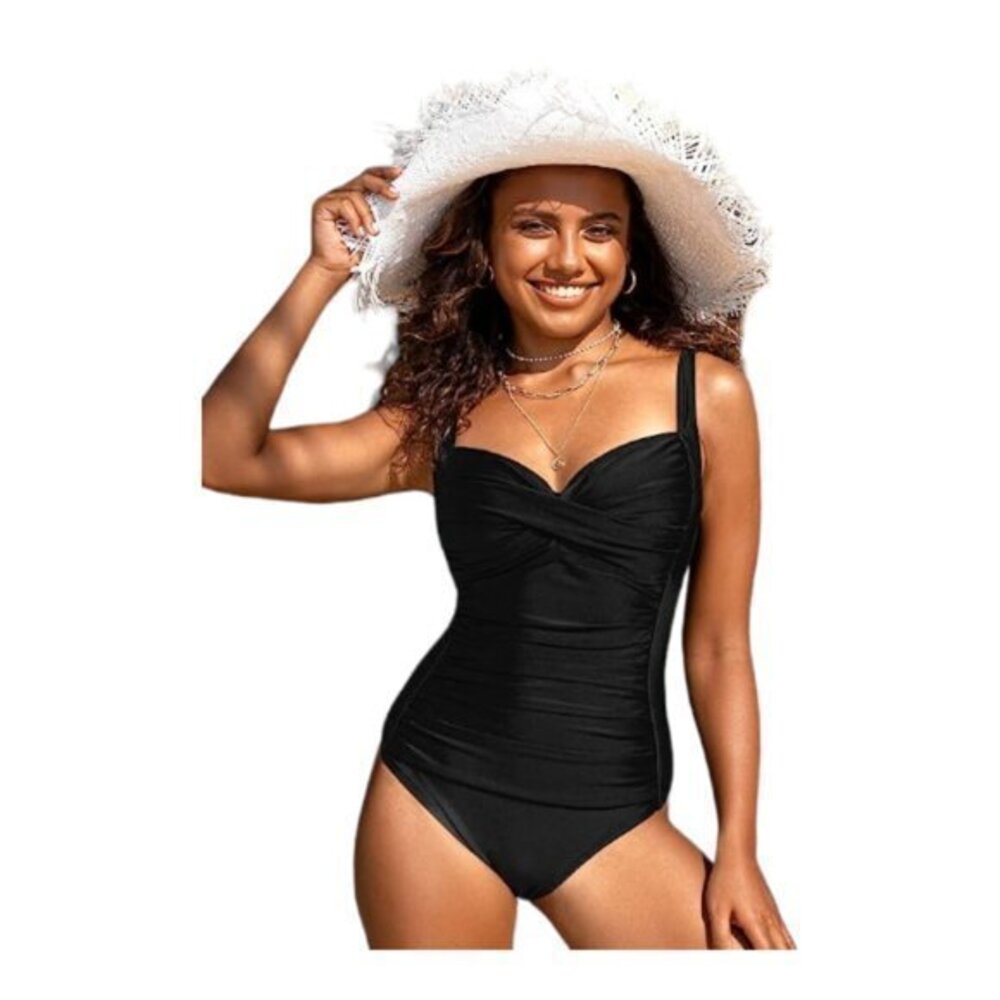 Black Front Twist Ruched Sweetheart Swimsuit Retro Vintage Size Small NWT #4032